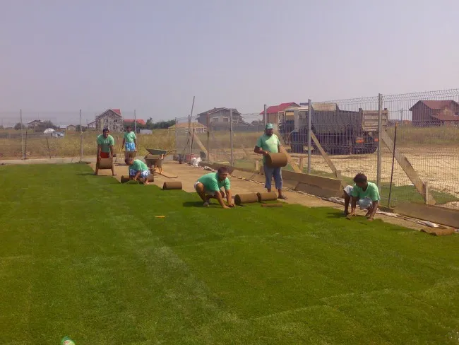 Rulouri de gazon montate pe teren de fotbal cu suprafata pregatita pentru instalarea gazonului rulat